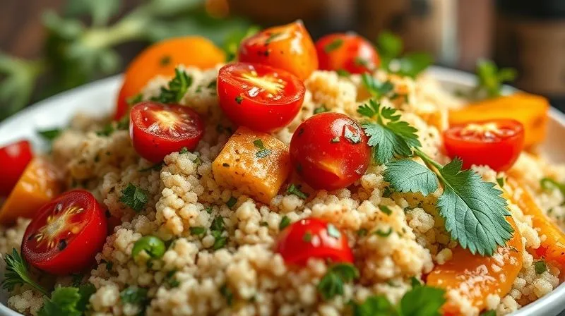 photorealistic, professional photography, 8K, cinematic lighting, sharp focus, depth of field, shot on a high-end DSLR, a vibrant, colorful salad with couscous as a base, generously topped with fresh herbs, cherry tomatoes, grilled bell peppers, and a light drizzle of olive oil, highlighting healthy additions.
