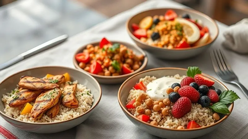 photorealistic, professional photography, 8K, cinematic lighting, sharp focus, depth of field, shot on a high-end DSLR, a table spread with three distinct bowls of healthy couscous meals: one savory with grilled chicken and vegetables, one fresh salad with chickpeas and herbs, and one sweet with berries and yogurt, showcasing variety and health.