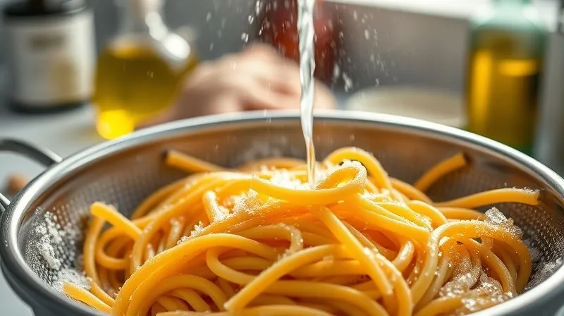 photorealistic, professional photography, 8K, cinematic lighting, sharp focus, depth of field, shot on a high-end DSLR, a close-up of perfectly cooked al dente whole wheat fusilli pasta being rinsed under cold water in a colander, steam gently rising, kitchen background, with a bottle of olive oil in the soft background