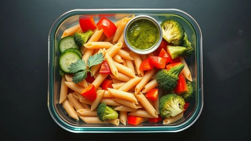 photorealistic, professional photography, 8K, cinematic lighting, sharp focus, depth of field, shot on a high-end DSLR, a clear glass lunchbox with perfectly separated compartments: one with vibrant whole wheat penne pasta, another with crisp chopped bell peppers, cucumbers, and blanched broccoli, and a small separate container of green pesto sauce, all ready for a healthy lunch