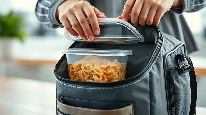 photorealistic, professional photography, 8K, cinematic lighting, sharp focus, depth of field, shot on a high-end DSLR, a person carefully placing a sealed glass lunchbox with whole wheat pasta into a stylish insulated lunch bag with a cooling pack, bright office background, emphasizing freshness and safety