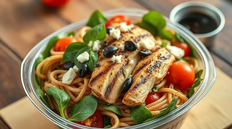 photorealistic, professional photography, 8K, cinematic lighting, sharp focus, depth of field, shot on a high-end DSLR, a vibrant, colorful whole wheat pasta salad in a modern lunchbox, filled with grilled chicken, cherry tomatoes, fresh spinach, crumbled feta cheese, black olives, and a sprinkle of pumpkin seeds, with a small container of balsamic vinaigrette on the side, showcasing a perfectly balanced and nutritious meal