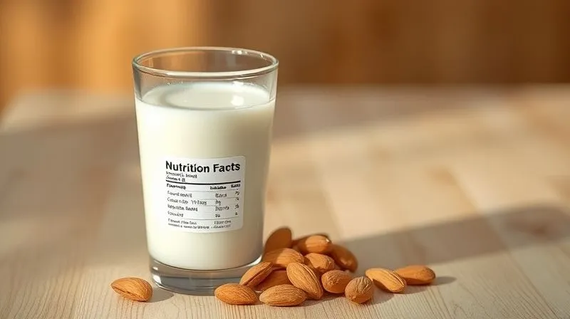 Photorealistic, professional photography, 8K, cinematic lighting, sharp focus, depth of field, shot on a high-end DSLR. A glass of unsweetened almond milk next to a handful of raw almonds and a small label showing nutritional facts, highlighting low calories and no sugar, on a clean wooden surface with soft, natural light.