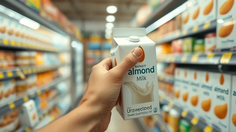 Photorealistic, professional photography, 8K, cinematic lighting, sharp focus, depth of field, shot on a high-end DSLR. A supermarket aisle, with a hand reaching for a carton of almond milk clearly labeled "Unsweetened" while other sweet almond milk cartons are blurred in the background, emphasizing the correct choice. Soft, diffused lighting.