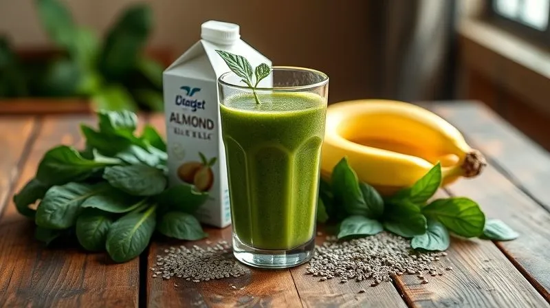 Photorealistic, professional photography, 8K, cinematic lighting, sharp focus, depth of field, shot on a high-end DSLR. A vibrant green smoothie in a glass, with a carton of unsweetened almond milk and fresh spinach, banana, and chia seeds artfully arranged around it on a rustic wooden table, bathed in soft morning light, evoking health and freshness.