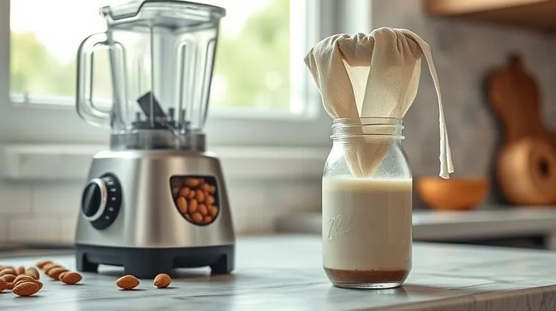 Photorealistic, professional photography, 8K, cinematic lighting, sharp focus, depth of field, shot on a high-end DSLR. A kitchen counter scene with a blender blending soaked almonds and water, a glass jar of freshly made almond milk, and a "nut milk bag" being squeezed to strain the milk. Soft, diffused natural light from a window.