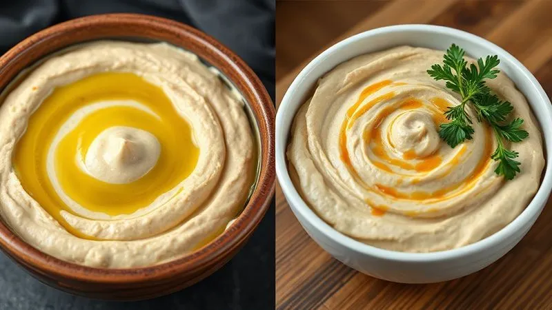 A side-by-side comparison, photorealistic, professional photography, 8K. On the left, a bowl of rich, creamy traditional hummus with a generous swirl of olive oil and a thick layer of tahini, presented in a rustic, heavy ceramic bowl. On the right, a lighter, vibrant bowl of optimized hummus, visibly less oily, with a garnish of fresh herbs and a lighter drizzle, in a sleek, modern, minimalist bowl. Cinematic lighting, sharp focus on both bowls, depth of field blurring the background, shot on a high-end DSLR, highlighting the visual difference in richness and healthiness.