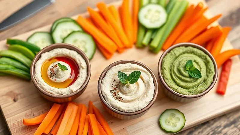 A vibrant, professional photography, 8K image showcasing three small, elegant bowls of hummus, each a different color: a classic light beige, a deep magenta from beetroot, and a fresh green from spinach or herbs. Each bowl is artfully garnished with a minimal drizzle of olive oil, a sprinkle of paprika or sesame seeds, and a few fresh herb leaves. They are surrounded by an array of perfectly sliced, crisp raw vegetables like cucumber, bell pepper, and carrot sticks, arranged on a clean, light wooden board. Cinematic lighting, sharp focus on the hummus and vegetables, depth of field blurring the background, shot on a high-end DSLR, evoking a sense of healthy variety and culinary delight.