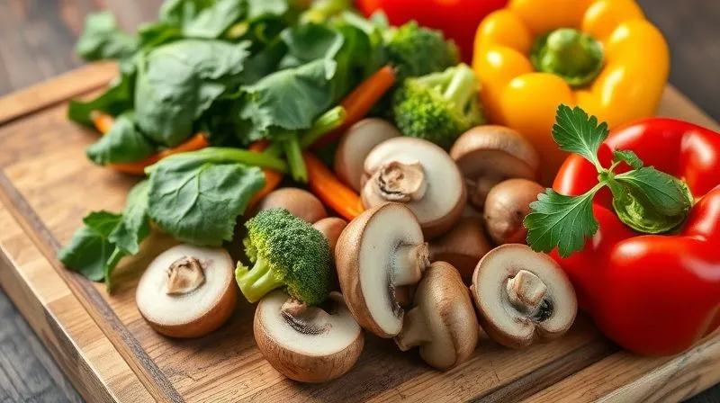 A close-up, photorealistic, professional photography, 8K, cinematic lighting, sharp focus, depth of field, shot on a high-end DSLR image of a colorful assortment of fresh, vibrant vegetables meticulously arranged on a rustic wooden cutting board, including spinach, red bell pepper, broccoli florets, sliced mushrooms, and a sprig of parsley, ready to be added to an omelet. The scene evokes freshness, health, and preparation for a nutritious meal.