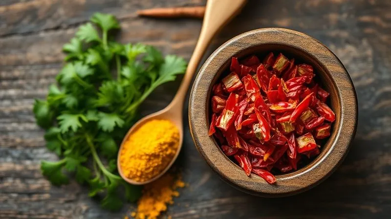 A top-down, photorealistic, professional photography, 8K, cinematic lighting, sharp focus, depth of field, shot on a high-end DSLR image of a small, rustic wooden bowl filled with vibrant red chili flakes, next to a pile of fresh green parsley sprigs and a golden spoon with ground turmeric. The composition suggests natural spices and herbs enhancing a healthy meal, with a focus on their texture and color.