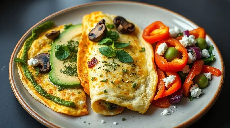 A photorealistic, professional photography, 8K, cinematic lighting, sharp focus, depth of field, shot on a high-end DSLR image showing three distinct, beautifully plated vegetable omelets. One is Keto-friendly with avocado and spinach, another is Paleo with wild mushrooms and herbs, and the third is Vegetarian with colorful bell peppers and crumbled feta. Each omelet is distinct yet appealing, demonstrating dietary versatility.
