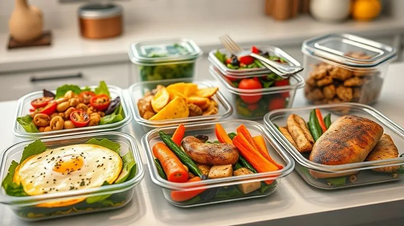 A photorealistic, professional photography, 8K, cinematic lighting, sharp focus, depth of field, shot on a high-end DSLR image of a perfectly balanced, vibrant meal prep spread for a full day. It includes a healthy breakfast omelet, a colorful salad for lunch, and a lean protein with roasted vegetables for dinner, all neatly arranged in transparent containers on a clean kitchen counter, suggesting organization and healthy eating habits.