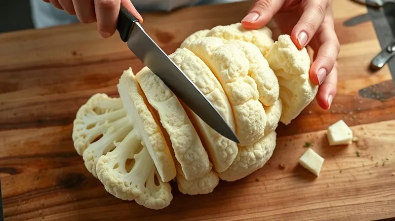A close-up, top-down photorealistic shot of a chef's hands expertly slicing a fresh, white cauliflower head into thick, even 'steaks' on a rustic wooden cutting board. The knife is sharp and clean, and the cauliflower florets are perfectly separated. The scene is well-lit, with natural light emphasizing the texture of the cauliflower. Professional photography, 8K, cinematic lighting, sharp focus, depth of field, shot on a high-end DSLR.