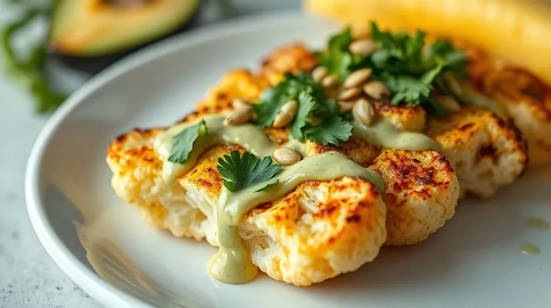 A vibrant, photorealistic close-up of a perfectly roasted cauliflower steak on a minimalist white plate, garnished with fresh cilantro, a drizzle of a creamy avocado-lime sauce, and a sprinkle of toasted pumpkin seeds. The cauliflower has golden-brown, crispy edges. The background is softly blurred, enhancing the focus on the dish. Professional photography, 8K, cinematic lighting, sharp focus, depth of field, shot on a high-end DSLR.