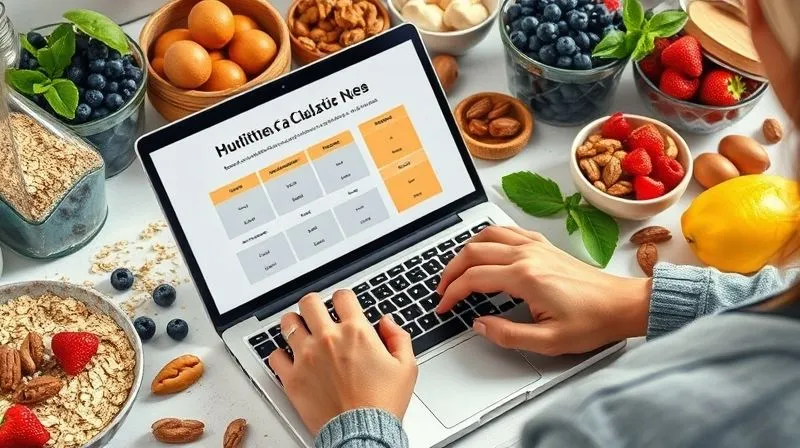 A photorealistic image of a person calculating their daily caloric needs on a laptop, surrounded by fresh, healthy ingredients like oats, berries, and nuts. The scene is bright, organized, and focused on healthy living, with cinematic lighting and a sharp focus on the laptop screen showing a nutrition calculator. 8K hyper-detailed, shot on a high-end DSLR.