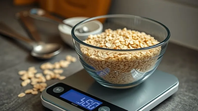 A close-up, photorealistic shot of a digital kitchen scale with a bowl of dry oats being weighed, showing a precise measurement. In the background, there are measuring spoons and a smaller, aesthetically pleasing bowl, emphasizing portion control and mindful eating. Cinematic lighting, sharp focus on the scale, depth of field, 8K hyper-detailed, shot on a high-end DSLR.
