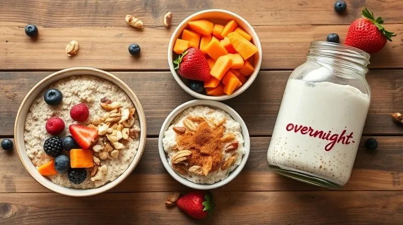 A vibrant, photorealistic flat lay of three distinct, perfectly portioned bowls of oatmeal. One features berry and protein powder, another has grated carrot and nuts, and the third is an overnight oats jar with Skyr and strawberries. All are beautifully arranged on a rustic wooden table with fresh ingredients scattered around. Professional photography, 8K, cinematic lighting, sharp focus, depth of field, shot on a high-end DSLR.