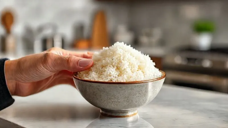 A photorealistic image of a perfectly portioned serving of cooked jasmine rice in a small, elegant bowl, next to a hand indicating the approximate size of the portion. The background is a clean, modern kitchen counter with soft, natural lighting, 8K hyper-detailed, sharp focus on the rice, depth of field blurring the background.