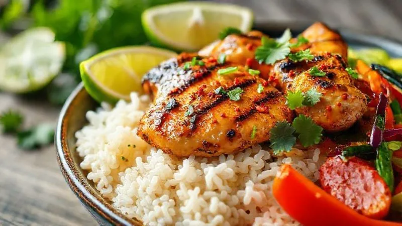 A photorealistic image of a vibrant, healthy meal featuring jasmine rice, grilled chicken, and colorful vegetables, beautifully garnished with fresh cilantro, lime wedges, and a sprinkle of chili flakes. The scene is bright and appealing, emphasizing natural flavors. Cinematic lighting, sharp focus on the food, depth of field blurring the background, 8K hyper-detailed.
