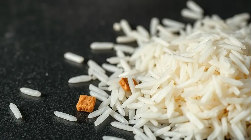 A close-up, photorealistic shot of individual grains of white jasmine rice, some uncooked and some perfectly cooked, contrasted with a single piece of a gluten-free grain like quinoa or millet, on a dark, textured surface. Cinematic lighting, sharp focus, 8K, shot on a high-end DSLR, depth of field.