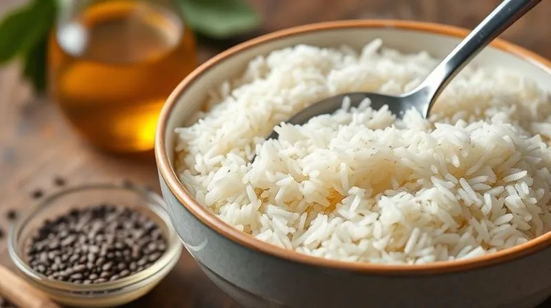 A photorealistic close-up of a bowl of jasmine rice being gently mixed with a spoon, with steam rising, next to a small bowl of apple cider vinegar and a sprinkle of chia seeds, illustrating the process of lowering glycemic index. Cinematic lighting, sharp focus, 8K, shot on a high-end DSLR, depth of field.