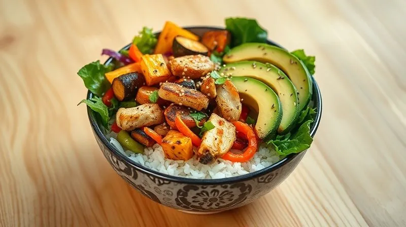 A vibrant, appetizing photorealistic image of a healthy Buddha bowl with jasmine rice as the base, topped with colorful roasted vegetables, grilled chicken or tofu, avocado slices, and a sprinkle of sesame seeds. The dish is beautifully arranged on a light wooden table, with natural light enhancing the freshness. 8K, professional photography, cinematic lighting, sharp focus, depth of field.