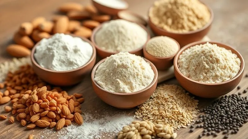 Photorealistic, professional photography, 8K, cinematic lighting, sharp focus, depth of field, shot on a high-end DSLR, various types of high-protein flours (almond flour, coconut flour, chickpea flour) neatly arranged in small bowls, alongside scoops of whey protein isolate powder and various seeds (chia, flax), all in warm, natural light, emphasizing healthy ingredients.