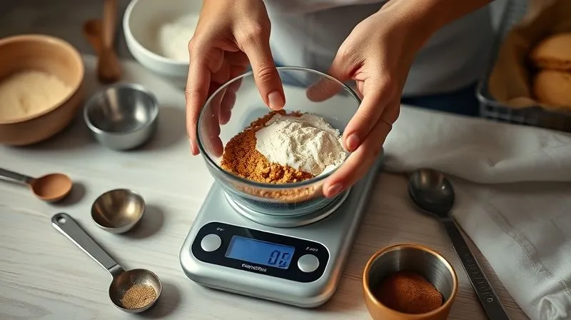 Photorealistic, professional photography, 8K, cinematic lighting, sharp focus, depth of field, shot on a high-end DSLR, a person's hand meticulously weighing ingredients for baking on a digital kitchen scale, with various measuring spoons and bowls around, soft, focused light on the hands and scale, symbolizing precision and attention to detail in nutrition.