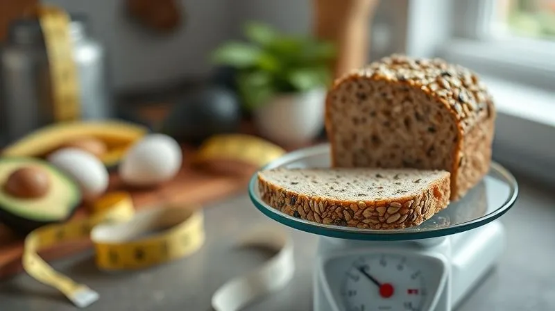 A photorealistic image of a kitchen scale weighing a slice of seed bread, with a blurry background of a measuring tape and healthy ingredients like avocados and eggs, emphasizing portion control and healthy eating for weight loss. 8K, cinematic lighting, sharp focus on the scale and bread, depth of field, shot on a high-end DSLR.