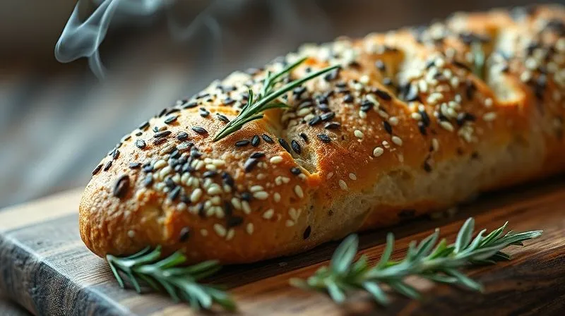 A close-up, photorealistic image of a freshly baked seed bread slice, garnished with fresh herbs like rosemary and thyme, resting on a rustic wooden board. The steam is subtly rising, highlighting the warmth and natural aroma. 8K, cinematic lighting, sharp focus on the herbs and bread texture, depth of field, shot on a high-end DSLR.