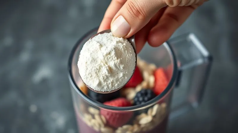 photorealistic, professional photography, 8K, cinematic lighting, sharp focus, depth of field, shot on a high-end DSLR. A hand holding a scoop of white protein powder above a blender filled with rolled oats and fresh berries, symbolizing the perfect blend of ingredients for a fitness smoothie.