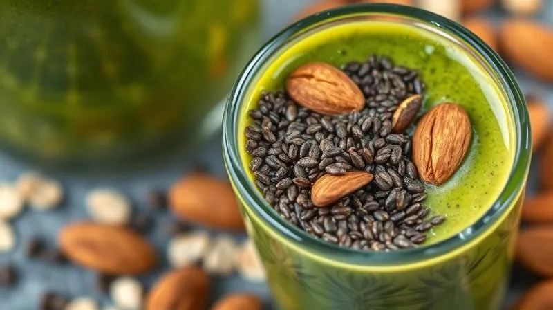 photorealistic, professional photography, 8K, cinematic lighting, sharp focus, depth of field, shot on a high-end DSLR. A close-up of a small glass bowl filled with chia seeds and a handful of almonds next to a vibrant green oat smoothie, emphasizing healthy fat and fiber sources for weight loss.
