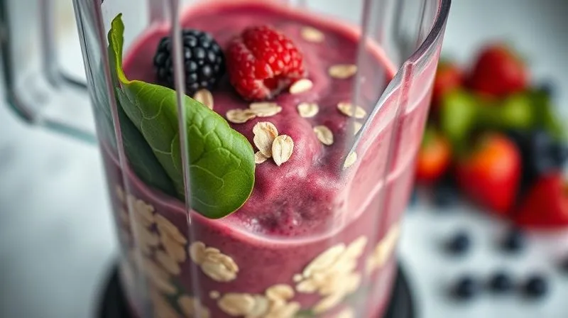 photorealistic, professional photography, 8K, cinematic lighting, sharp focus, depth of field, shot on a high-end DSLR. A high-speed shot of a powerful blender mixing oats, berries, and spinach into a vibrant, thick smoothie, with a slight blur of motion and liquid splashing inside the container, conveying energy and healthy preparation.