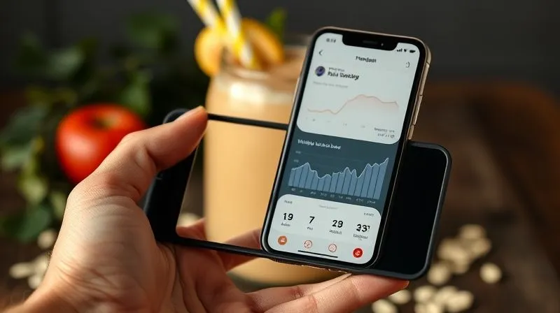 photorealistic, professional photography, 8K, cinematic lighting, sharp focus, depth of field, shot on a high-end DSLR. A person's hand holding a smartphone displaying a fitness tracking app with graphs showing positive weight loss progress, with a vibrant, healthy oat smoothie in the background, symbolizing successful monitoring and healthy choices.