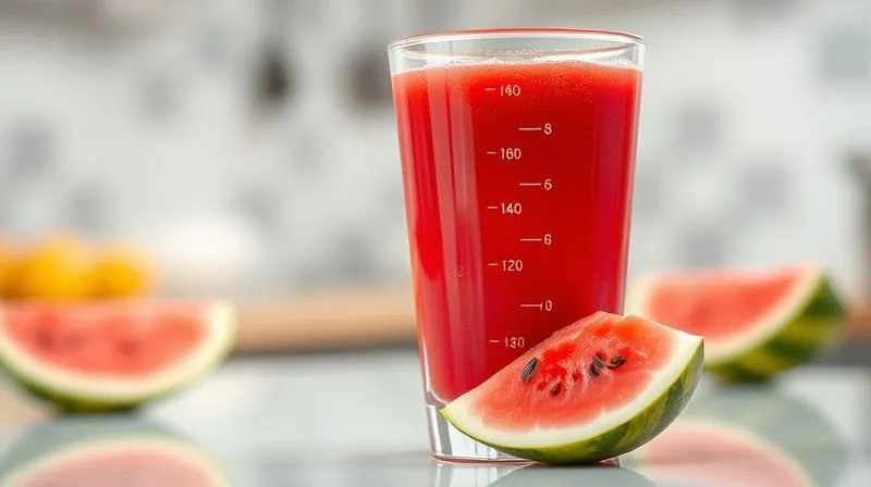 Photorealistic, professional photography, 8K, cinematic lighting, sharp focus, depth of field, shot on a high-end DSLR. A clear glass half-filled with vibrant red watermelon juice, with a measuring scale visible on the side. A small, perfectly sliced piece of watermelon sits beside it, emphasizing portion control. The background is softly blurred, suggesting a healthy kitchen environment.