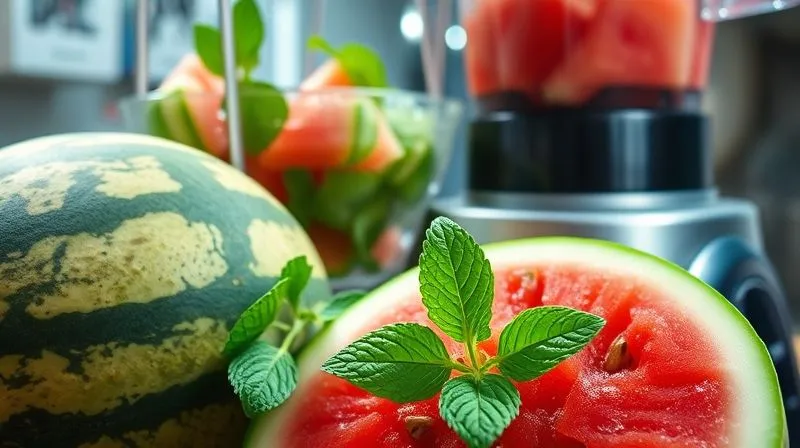 Photorealistic, professional photography, 8K, cinematic lighting, sharp focus, depth of field, shot on a high-end DSLR. A close-up of a high-speed blender actively blending watermelon chunks with green vegetables, creating a vibrant, frothy mixture. In the foreground, a pristine, whole watermelon and a bunch of fresh mint are visible, emphasizing natural, unprocessed ingredients.
