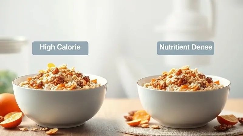 A vibrant, photorealistic infographic showing a comparison between a high-calorie, sugary vegan oatmeal and a low-calorie, nutrient-dense one, with clear labels for ingredients and their caloric impact. Cinematic lighting, sharp focus, 8K hyper-detailed.