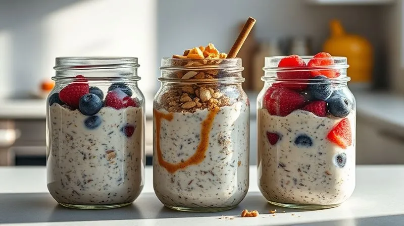A professional photograph of three glass jars filled with aesthetically pleasing overnight oats, each with different healthy toppings like fresh berries, chopped nuts, and a sprinkle of cinnamon, symbolizing meal prep and healthy choices. The jars are neatly arranged on a minimalist kitchen counter with soft, natural morning light. Cinematic lighting, sharp focus, 8K hyper-detailed.