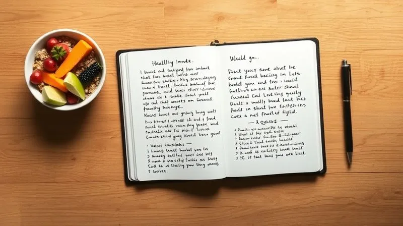 A top-down shot of a minimalist wooden desk with a neat journal open to a page with handwritten notes about daily food intake and weight loss goals, alongside a healthy vegan oatmeal bowl with fresh fruit and a pen. The scene is bathed in soft, natural light, emphasizing mindfulness and healthy habits. Sharp focus, 8K hyper-detailed, professional photography.