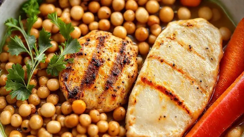 A close-up, photorealistic, professional photography, 8K, cinematic lighting, sharp focus, depth of field, shot on a high-end DSLR image of various lean protein sources like grilled chicken breast, lentils, and chickpeas, artfully arranged alongside fresh, colorful vegetables such as bell peppers, carrots, and leafy greens, ready to be added to a soup. The scene should evoke health and nutrition.