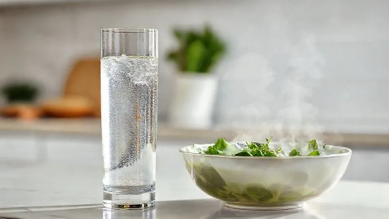A photorealistic, professional photography, 8K, cinematic lighting, sharp focus, depth of field, shot on a high-end DSLR image of a tall, clear glass of fresh water with a subtle condensation, placed next to a steaming bowl of healthy cabbage soup on a clean, minimalist kitchen counter. The lighting should be bright and natural, emphasizing purity and freshness.