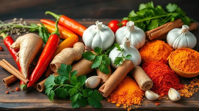 Photorealistic image of a vibrant array of fresh spices and herbs, including whole chili peppers, ginger root, turmeric, cinnamon sticks, garlic cloves, and fresh parsley, meticulously arranged on a dark, rustic wooden board. The spices are visually appealing and convey health and flavor. Cinematic lighting with sharp focus on the textures and colors of the ingredients, depth of field blurring the background. 8K hyper-detailed, shot on a high-end DSLR.