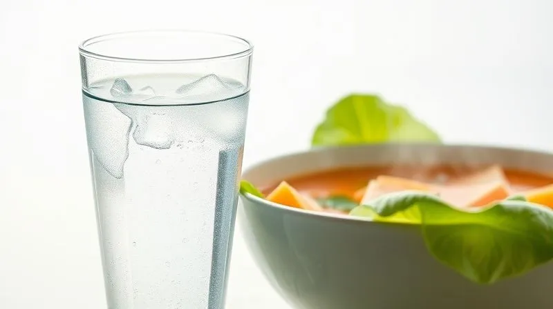 Photorealistic image of a clear glass of fresh water with condensation, placed next to a vibrant, colorful bowl of optimized cabbage soup, steam gently rising. The setting is clean and bright, emphasizing freshness and health. Cinematic lighting, sharp focus on both the water and the soup, depth of field blurring a light, airy background. 8K hyper-detailed, shot on a high-end DSLR, conveying hydration and healthy eating.
