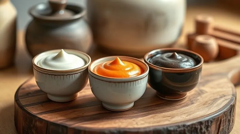 A close-up, professional photography shot of three small, elegant ceramic bowls, each containing a different type of miso paste: light shiro miso, reddish awase miso, and dark aka miso. The bowls are arranged on a rustic wooden board, with a subtle, blurred background featuring traditional Japanese fermentation crocks or tools. Cinematic lighting highlights the varied colors and textures of the pastes, evoking a sense of tradition and culinary artistry. Shot on a high-end DSLR, 8K hyper-detailed.
