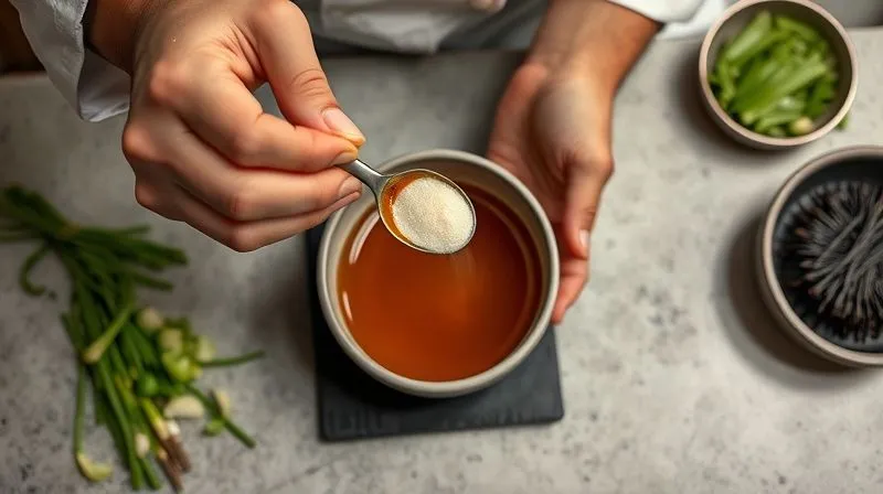 A professional, photorealistic overhead shot of a Japanese chef's hands carefully adding a spoonful of light miso paste to a small bowl of warm dashi broth, preparing to dissolve it before adding to the main soup. The background shows a clean, minimalist kitchen counter with fresh ingredients like chopped green onions and a bowl of wakame. Cinematic lighting emphasizes the delicate action and the vibrant colors. Shot on a high-end DSLR, 8K hyper-detailed.