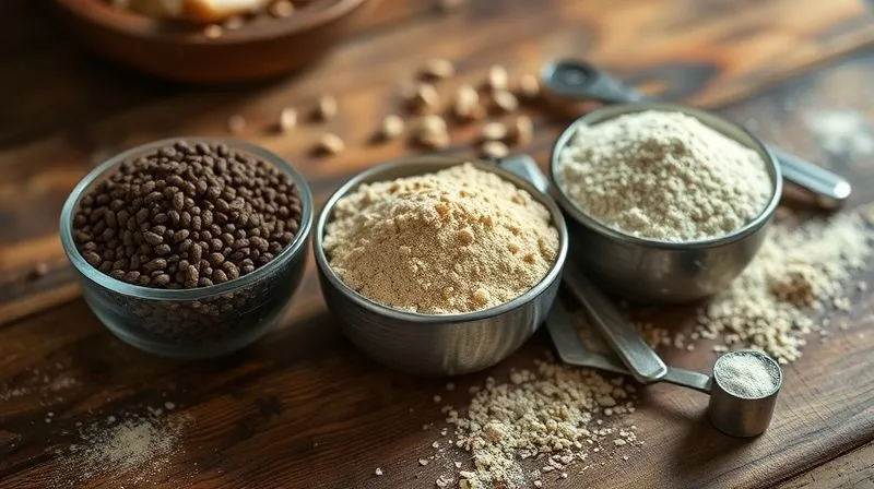 photorealistic, professional photography, 8K, cinematic lighting, sharp focus on three distinct bowls of spelt flour: dark whole grain, medium-dark wholemeal, and light refined, arranged on a rustic wooden table with measuring spoons. Depth of field, shot on a high-end DSLR, highlights the texture differences.