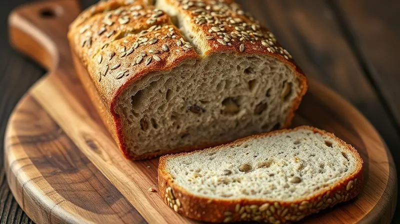 photorealistic, professional photography, 8K, cinematic lighting, sharp focus on a rustic wooden board displaying a freshly baked spelt bread loaf, generously studded with chia seeds, flax seeds, and sunflower seeds. A single slice reveals the wholesome, textured interior. Depth of field, shot on a high-end DSLR, emphasizes the healthy additions.