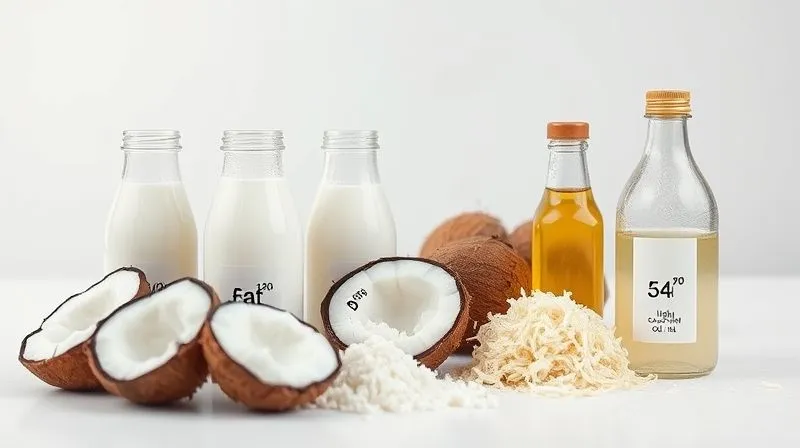 Photorealistic, professional photography, 8K, cinematic lighting, sharp focus on various forms of coconut ingredients (full-fat coconut milk, light coconut milk, coconut oil, shredded coconut) arranged on a minimalist white background, with calorie labels subtly integrated next to each, depth of field blurring the background, shot on a high-end DSLR, emphasizing the energy density of each product.