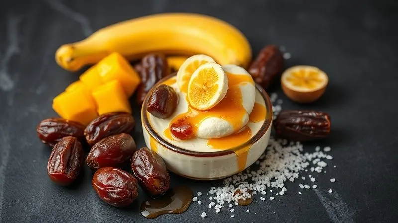 Photorealistic, professional photography, 8K, cinematic lighting, sharp focus on a variety of natural sweeteners (dates, maple syrup, agave, erythritol, fresh fruits like mango and banana) artfully arranged around a small portion of a vegan coconut dessert, shot on a high-end DSLR, emphasizing healthy sweetening options.
