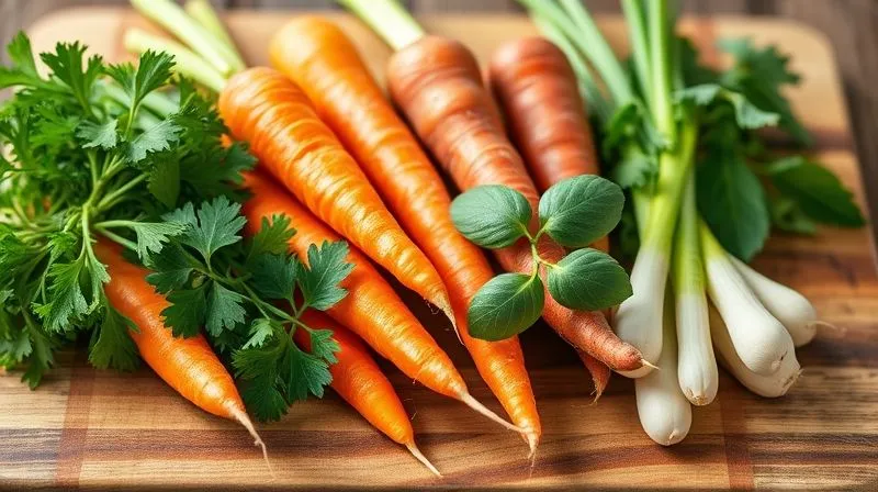 Photorealistic image of an assortment of fresh, vibrant root vegetables (carrots, parsley root, celery root, leek) beautifully arranged on a rustic wooden cutting board, with a few sprigs of fresh lovage and a bay leaf. Cinematic lighting, sharp focus on the vegetables, depth of field blurring the background, 8K hyper-detailed.